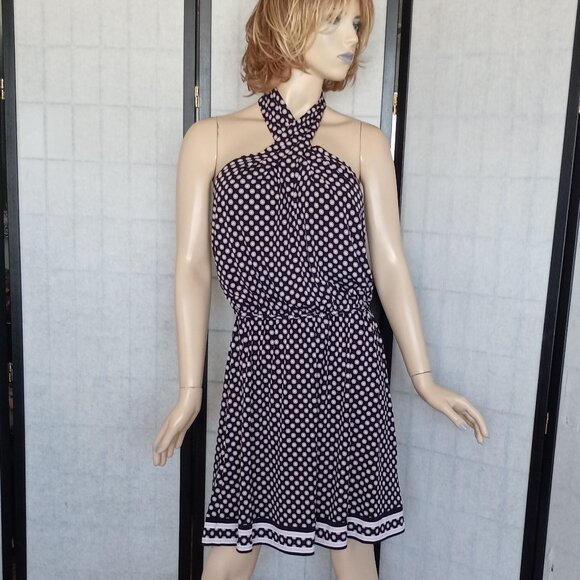 Nwt $125 MICHAEL Michael Kors Twisted Halter Neck Polka Dot Dress Sz L - Picture 1 of 9